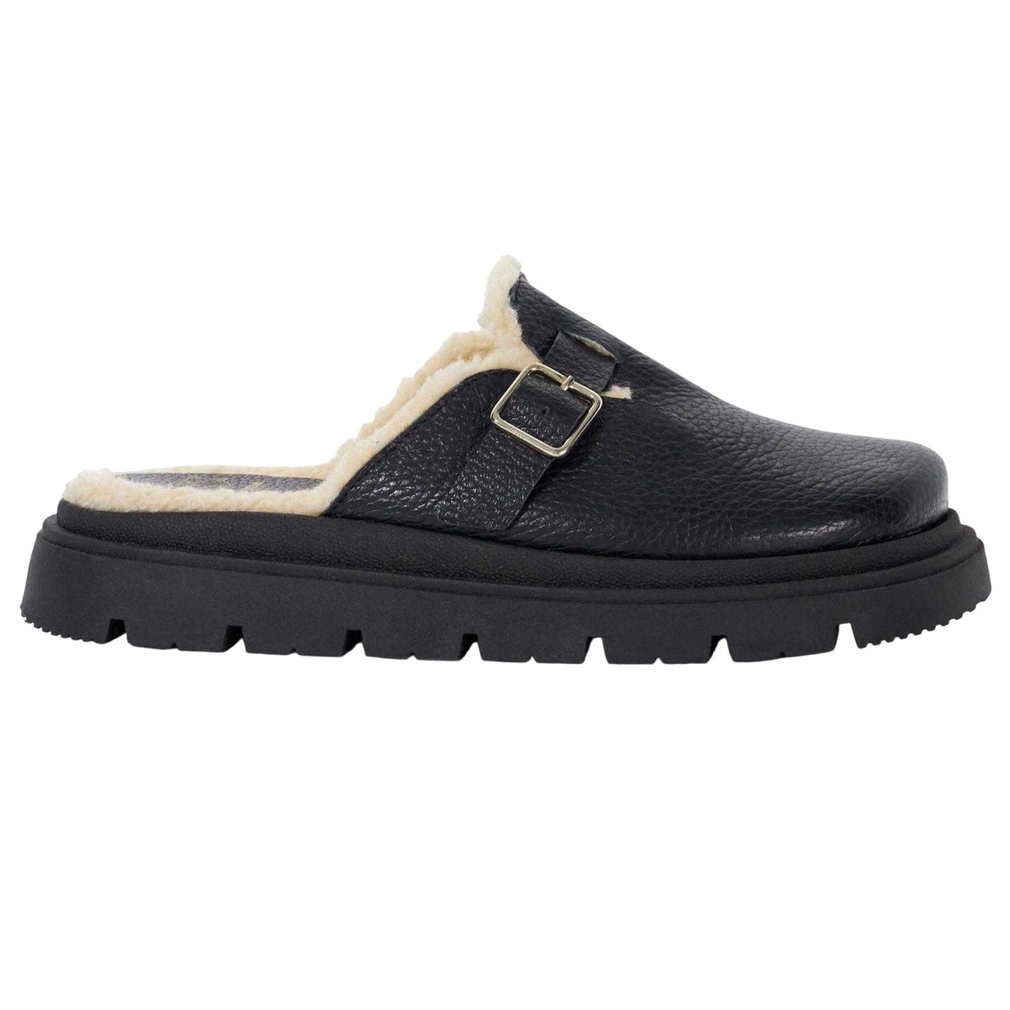 Black - Side - Dune London Womens-Ladies Gene Leather Faux Shearling Lined Clogs