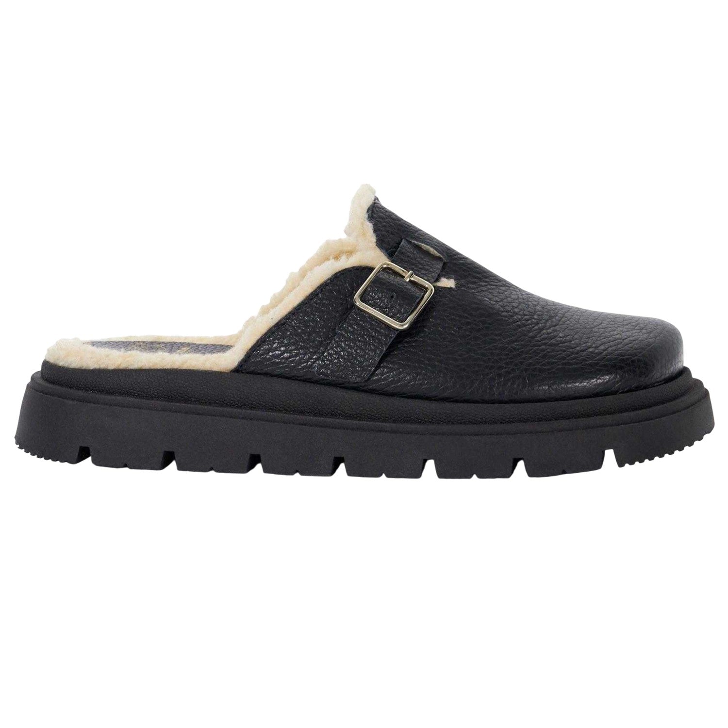 Black - Side - Dune London Womens-Ladies Gene Leather Faux Shearling Lined Clogs