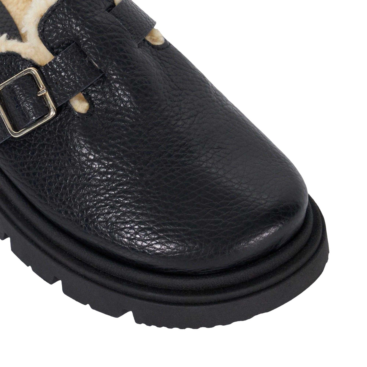 Black - Pack Shot - Dune London Womens-Ladies Gene Leather Faux Shearling Lined Clogs