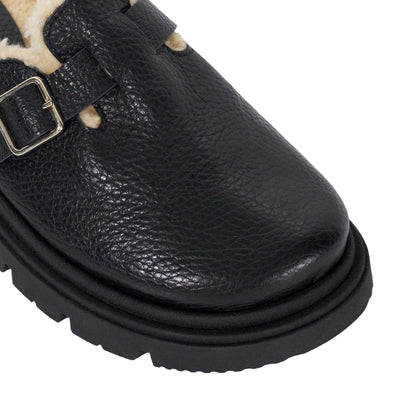 Black - Pack Shot - Dune London Womens-Ladies Gene Leather Faux Shearling Lined Clogs