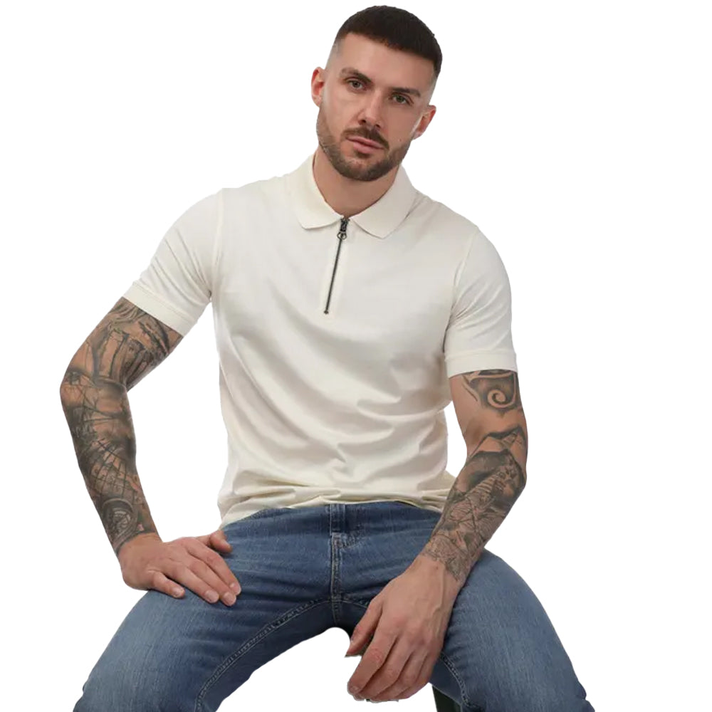 Ecru - Side - Mercery Mens Regal Zip Neck Polo Shirt