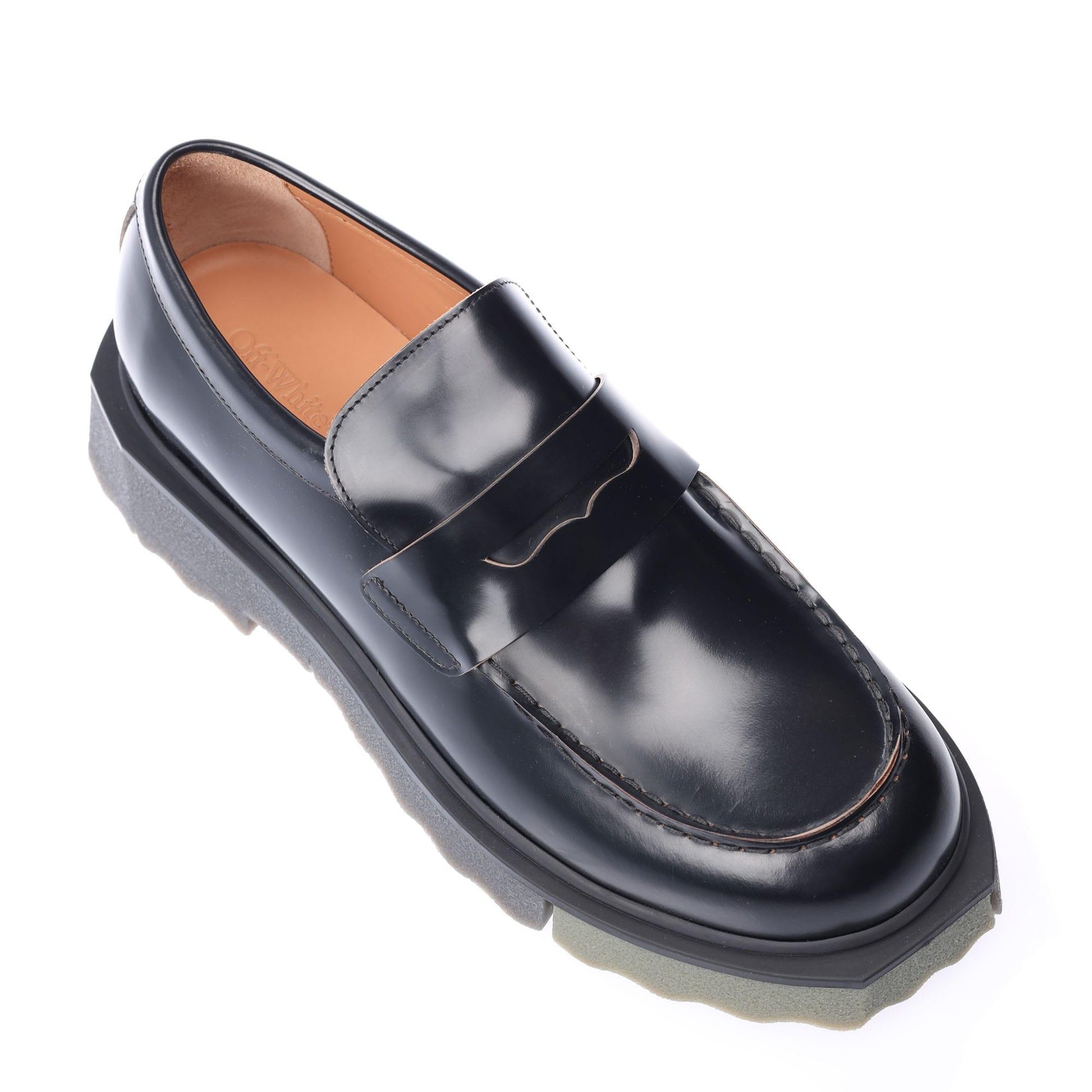 Black-Green - Pack Shot - Off White Childrens-Kids Leather Sponge Sole Loafers