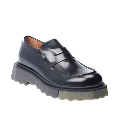Black-Green - Front - Off White Childrens-Kids Leather Sponge Sole Loafers