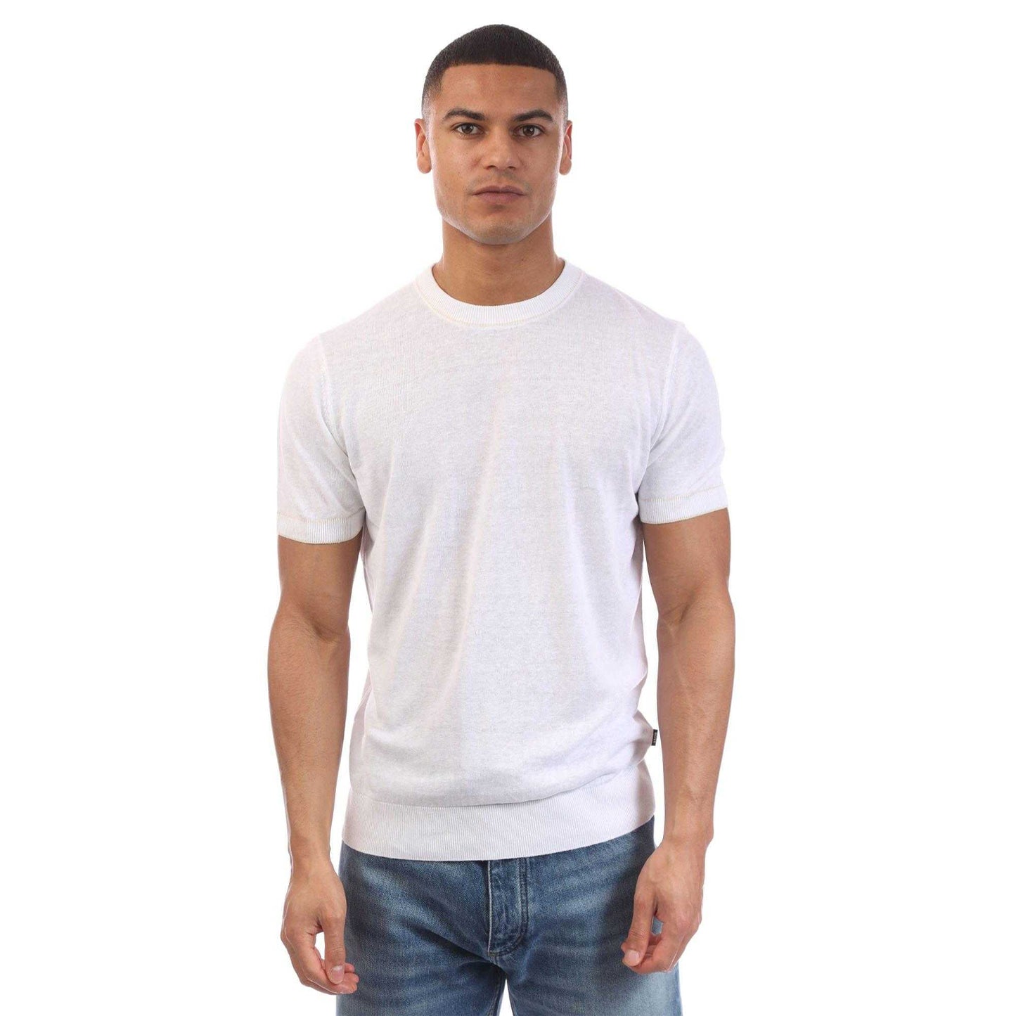 White - Front - Boss Mens H-Jiovanni Tipped Short-Sleeved Sweater Top