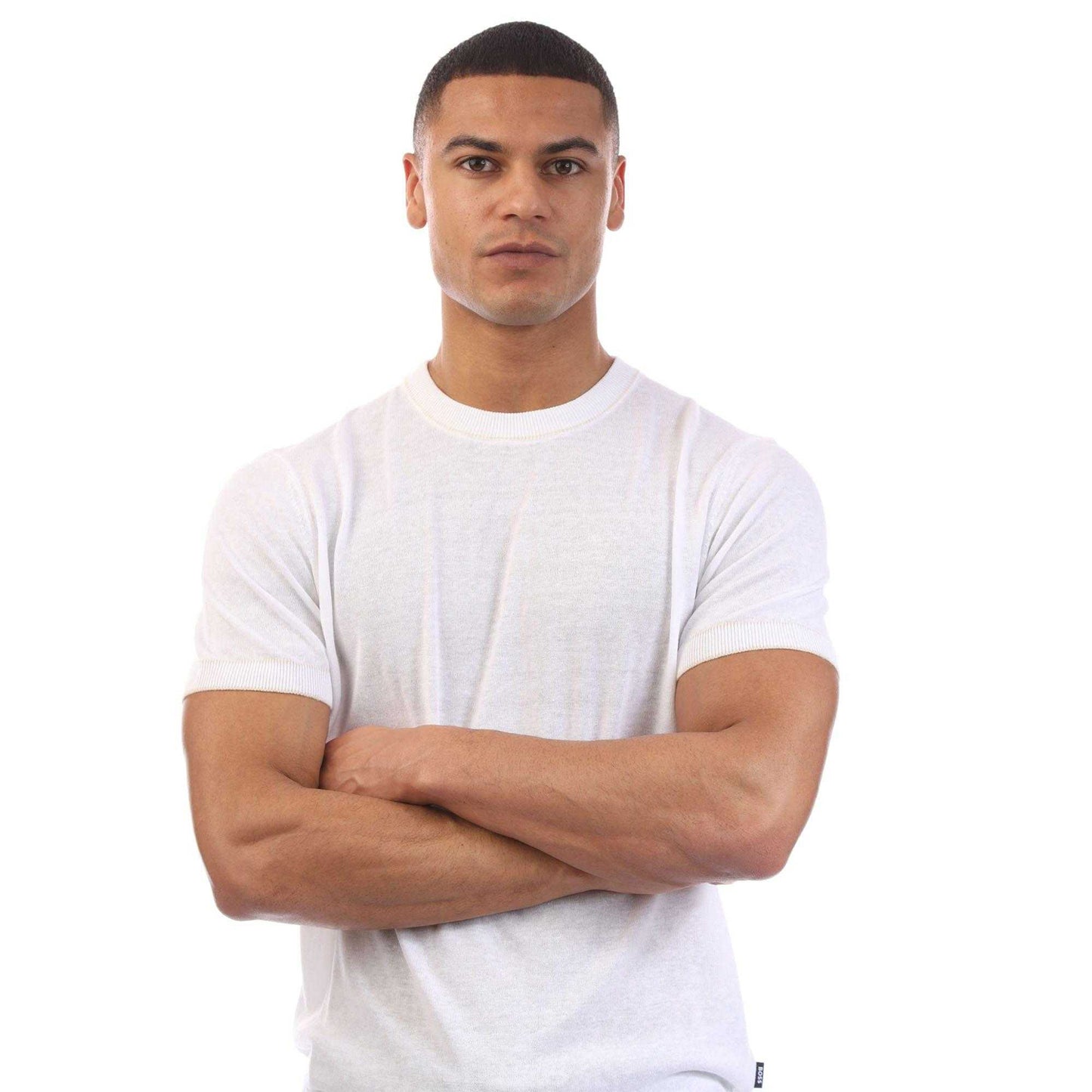 White - Side - Boss Mens H-Jiovanni Tipped Short-Sleeved Sweater Top