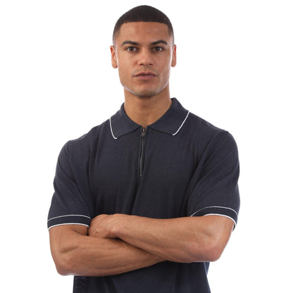Blue - Side - Boss Mens H-Jiovanotto Linen Blend Knitted Polo Shirt