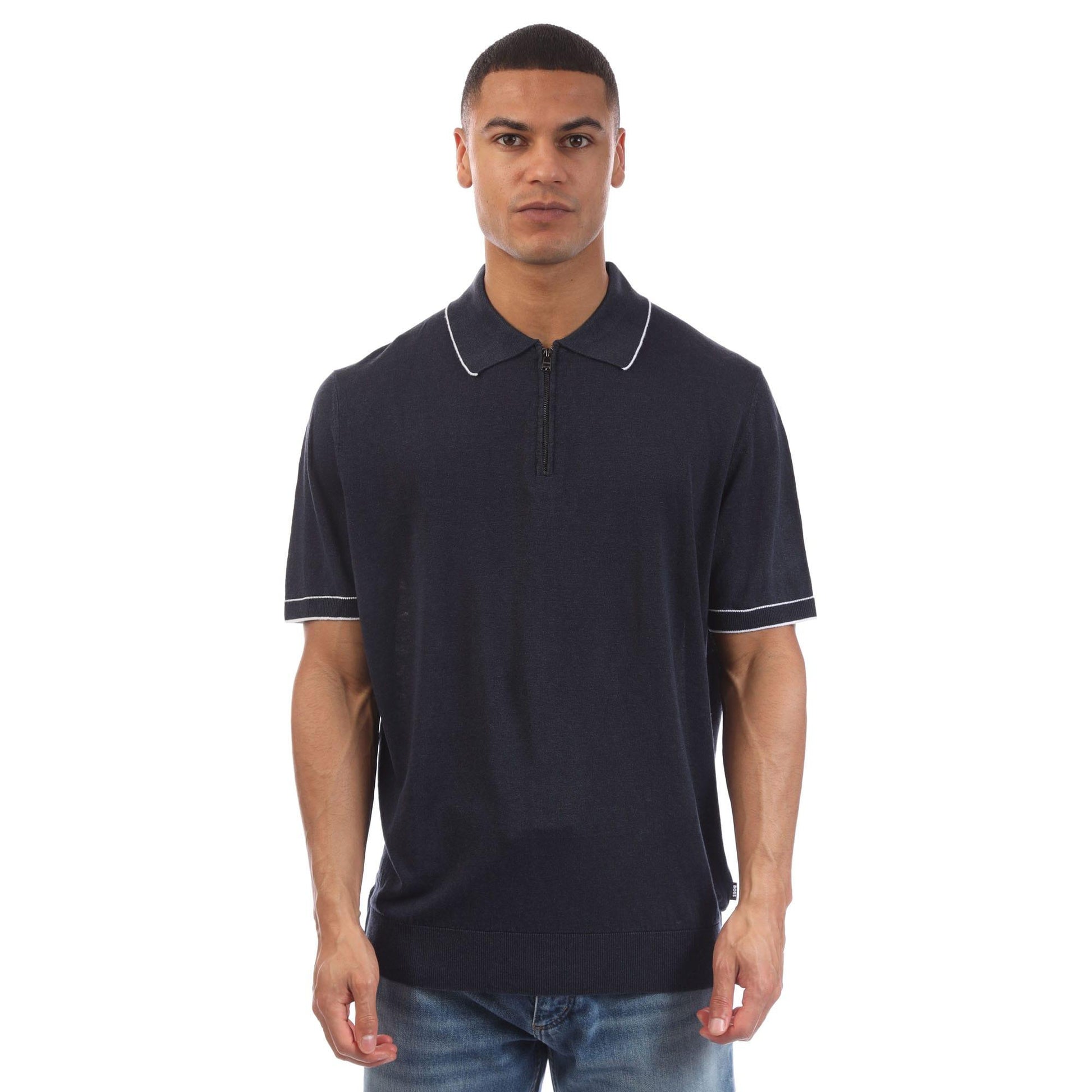 Blue - Front - Boss Mens H-Jiovanotto Linen Blend Knitted Polo Shirt