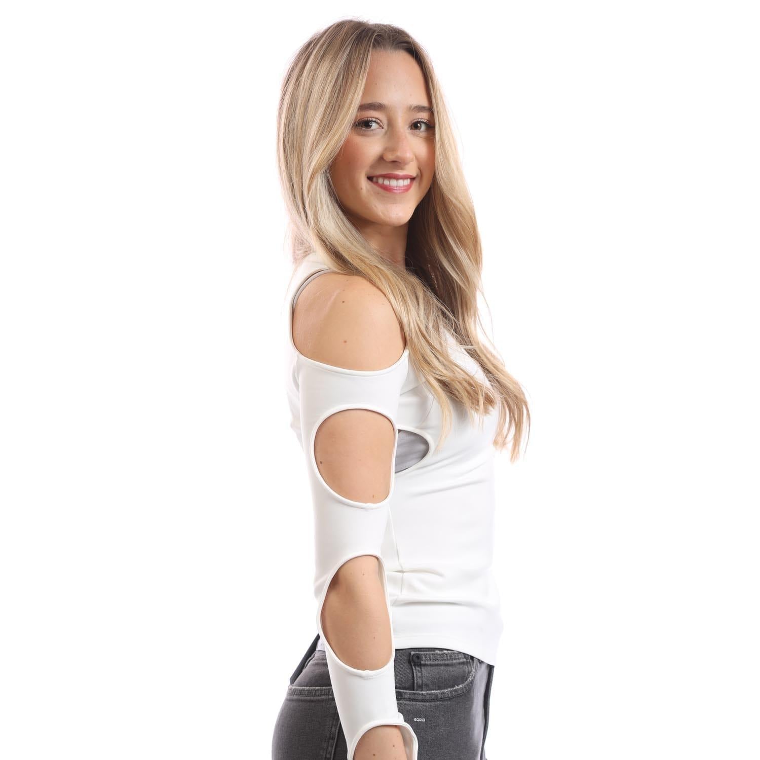 White-Black - Side - Off White Womens-Ladies Sleek Cut Out Long-Sleeved Top