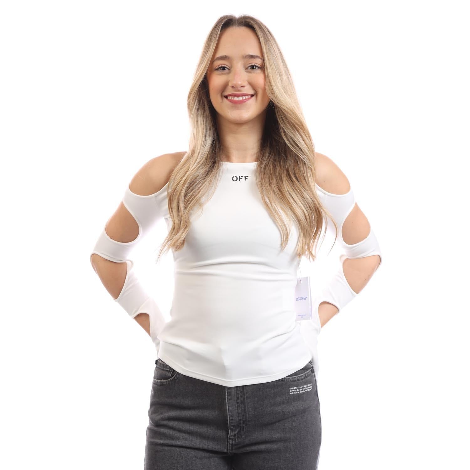 White-Black - Front - Off White Womens-Ladies Sleek Cut Out Long-Sleeved Top