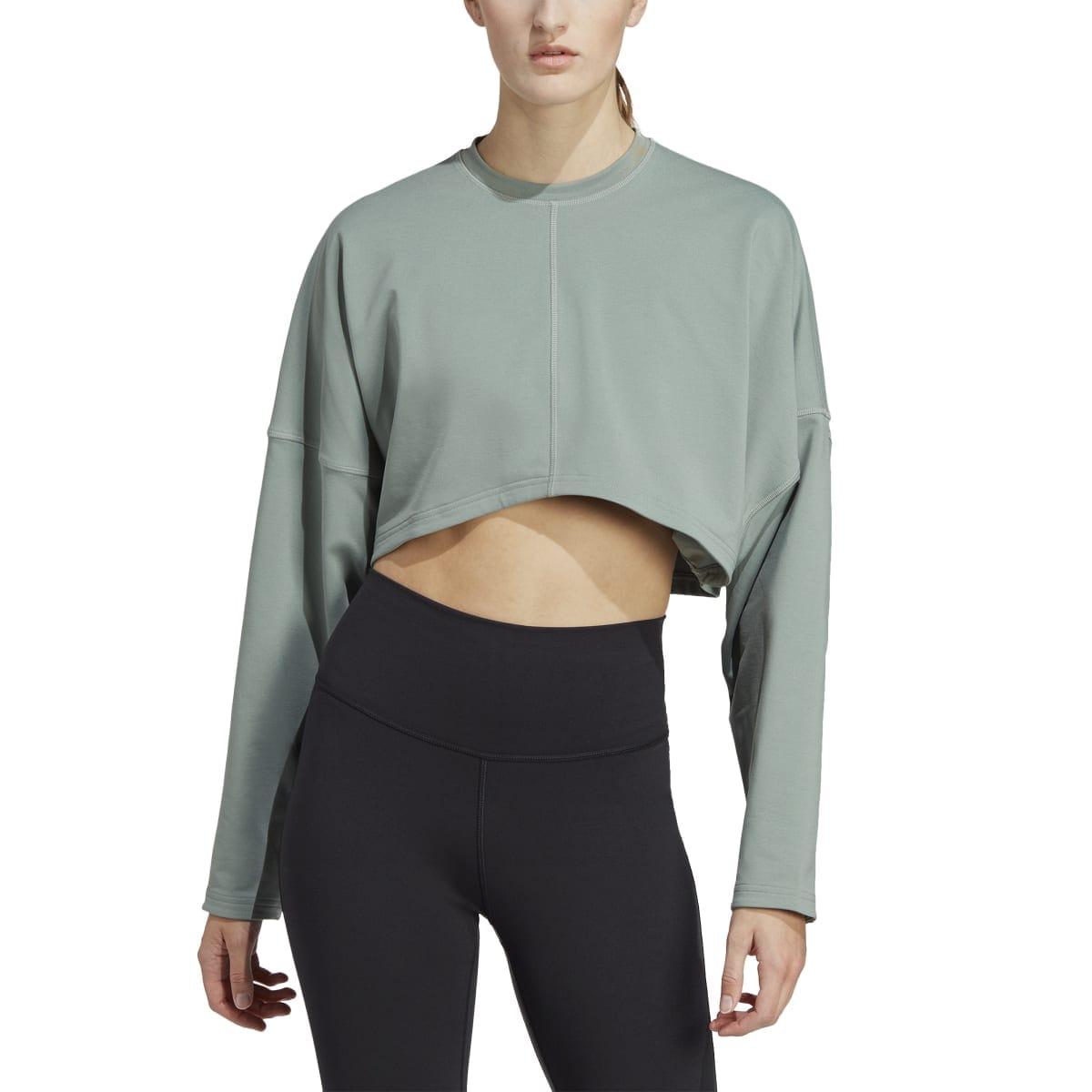 Green - Side - Adidas Womens-Ladies Yoga Studio Crop Sweatshirt