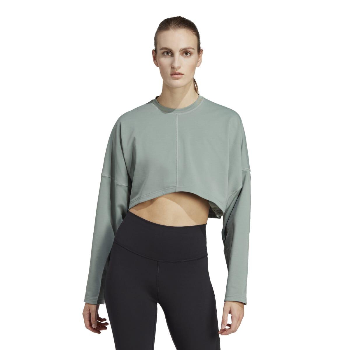 Green - Lifestyle - Adidas Womens-Ladies Yoga Studio Crop Sweatshirt