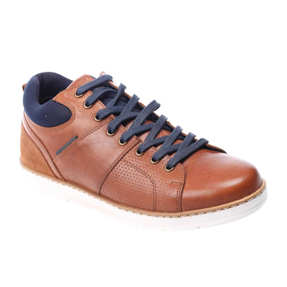 Tan - Front - Dune London Mens Statter Toe Cap Trainers