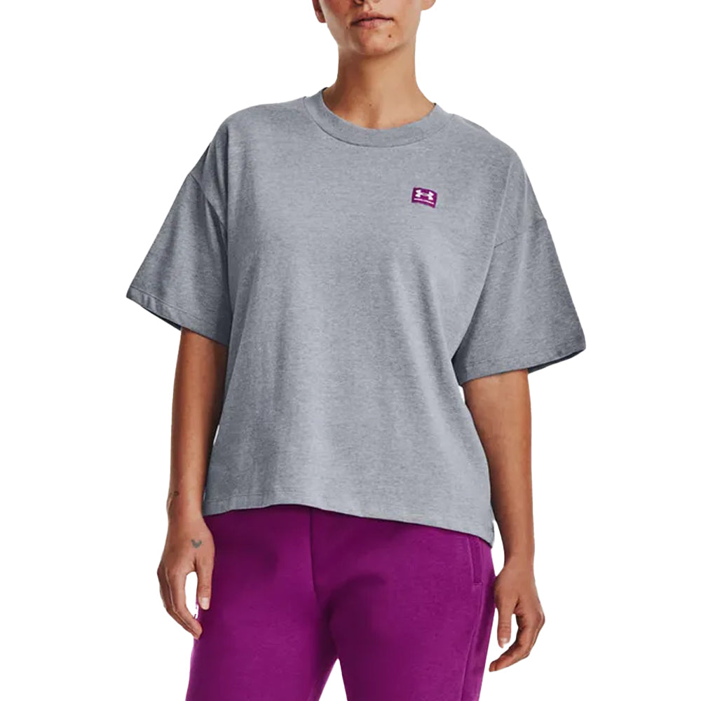 Grey - Front - Under Armour Womens-Ladies Logo Heavyweight Oversized T-Shirt