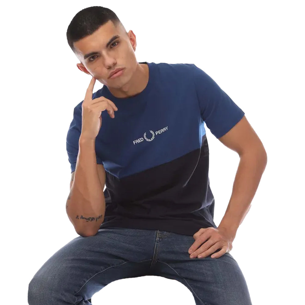 Navy - Side - Fred Perry Mens Colour Block Branded T-Shirt