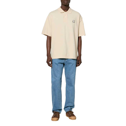 Cream - Side - Maison Mens Embroidered Logo Oversized Polo Shirt