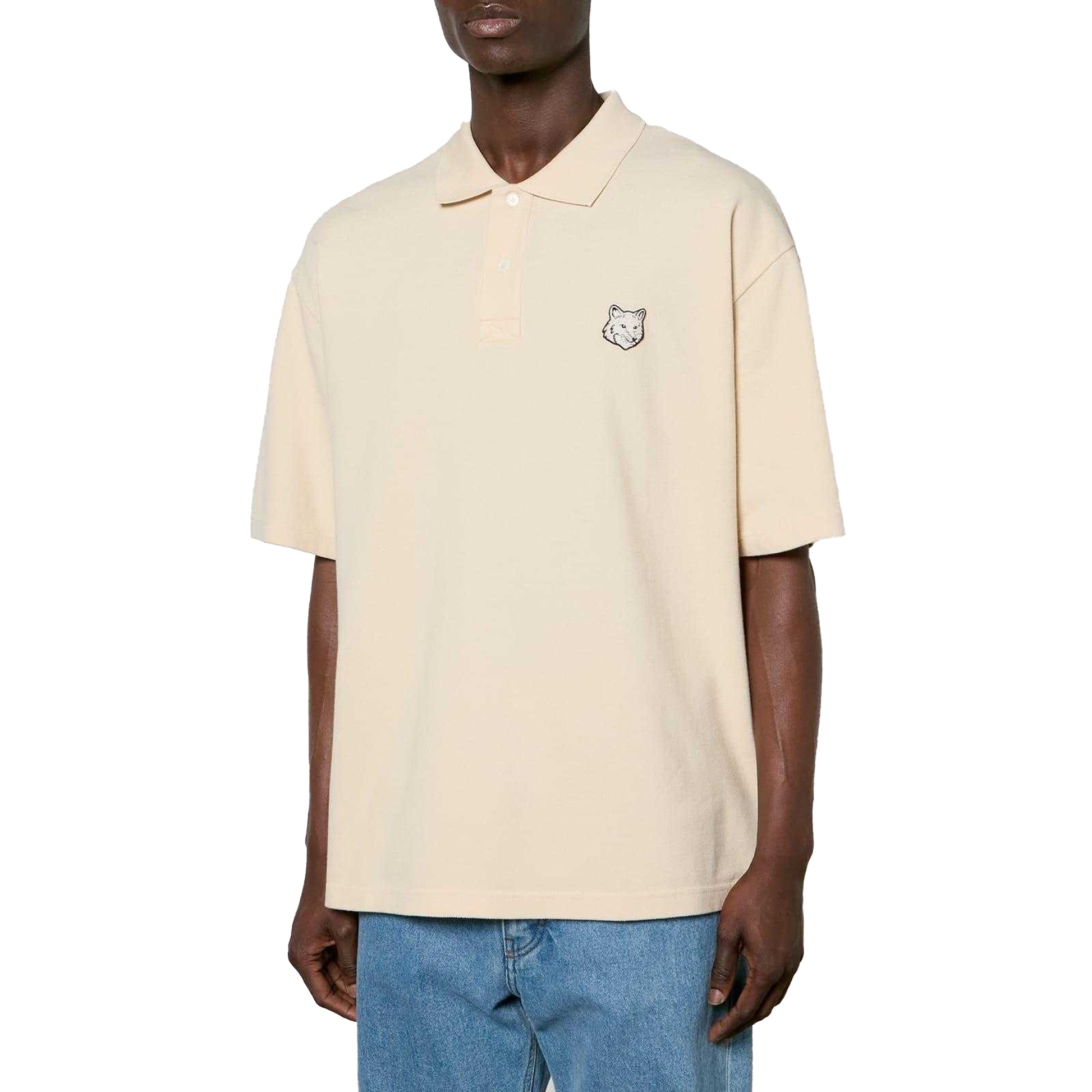Cream - Front - Maison Mens Embroidered Logo Oversized Polo Shirt