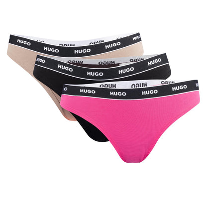 Pink-Black-Beige - Front - Hugo Womens-Ladies Stripe Thong (Pack of 3)