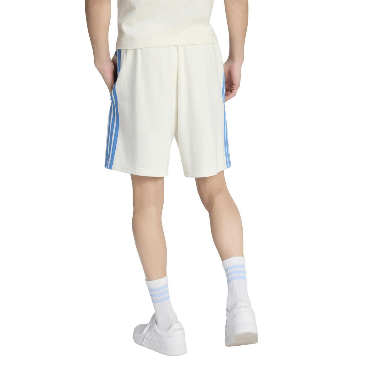 White-Blue - Side - Adidas Mens Essentials French Terry 3 Stripes Shorts