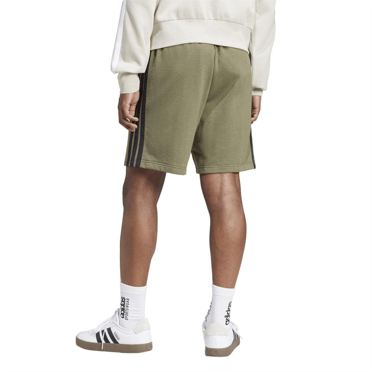 Olive-Black - Side - Adidas Mens Essentials French Terry 3 Stripes Shorts