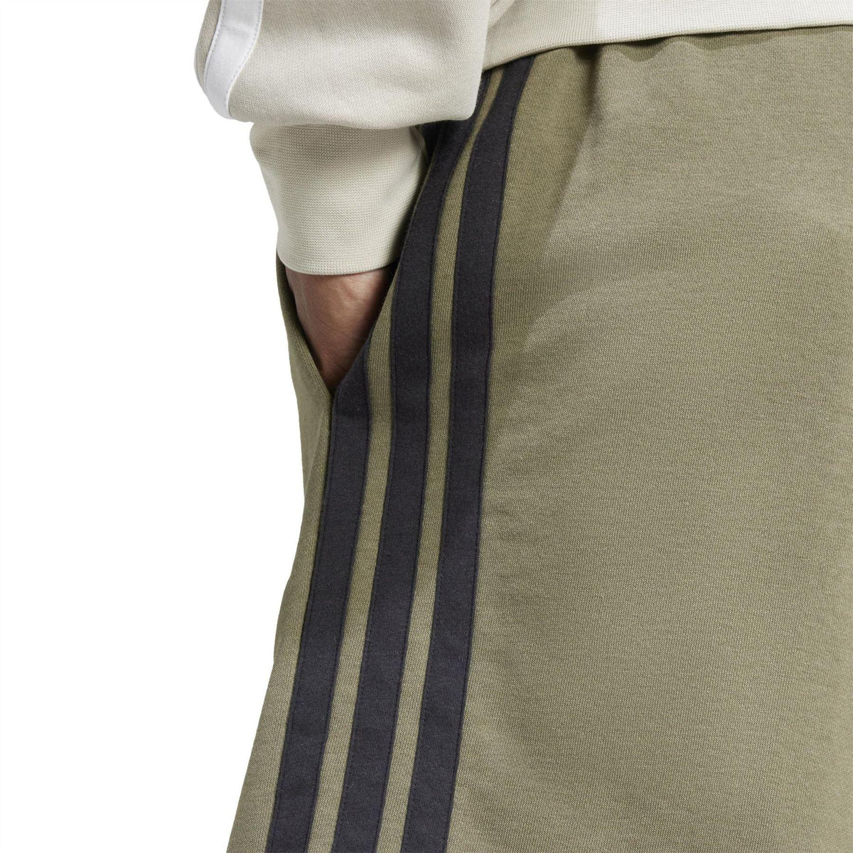 Olive-Black - Pack Shot - Adidas Mens Essentials French Terry 3 Stripes Shorts