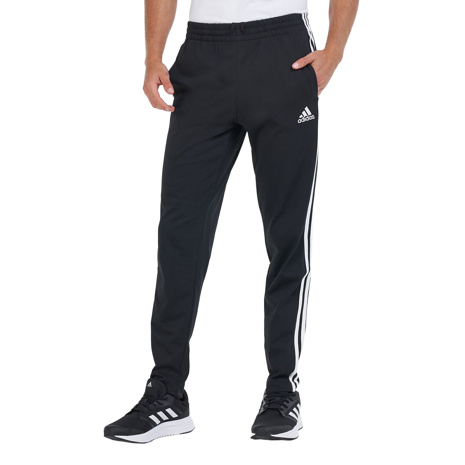 Black - Front - Adidas Mens Essentials Single Jersey 3 Stripes Jogging Bottoms
