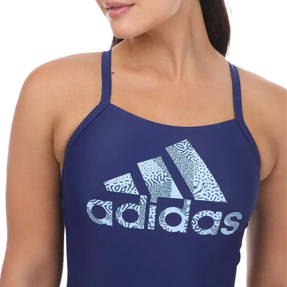 Blue - Side - Adidas Womens-Ladies Big Logo One Piece Swimsuit