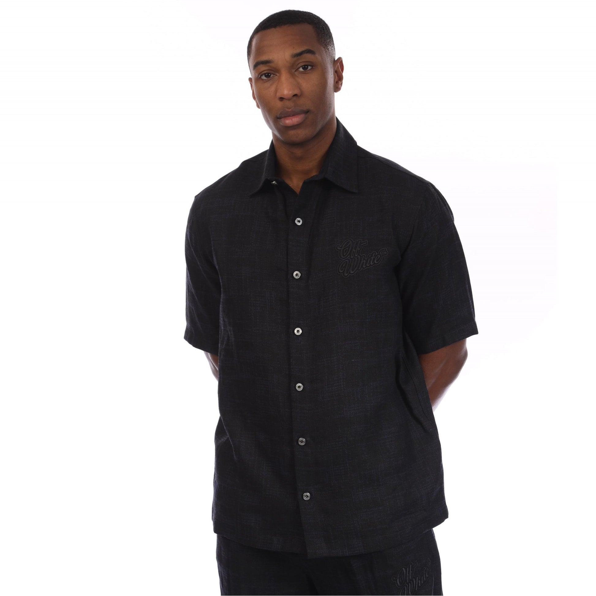 Black - Front - Off White Mens Linen 90s Bowling Shirt