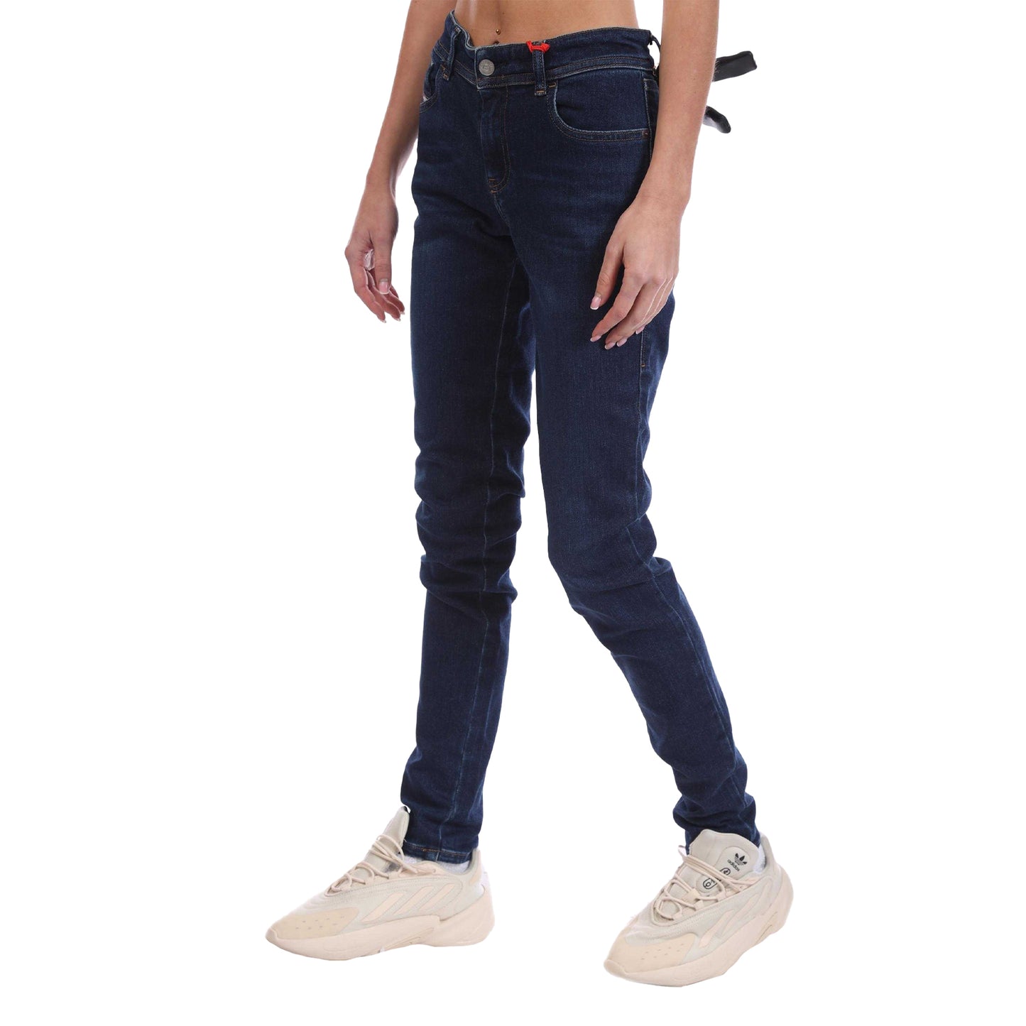 Blue - Side - Diesel Womens-Ladies 2018 Slandy Low Leather Badge Skinny Jeans
