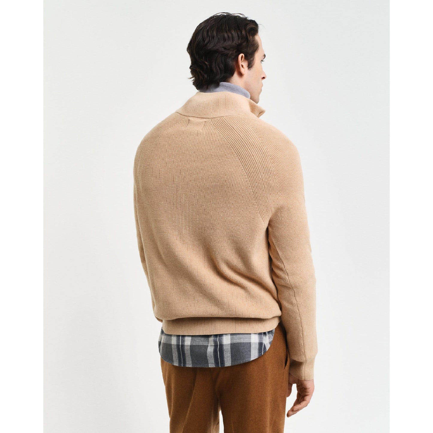 Khaki - Back - Gant Mens Ribbed Cotton Wool Half Zip Jumper