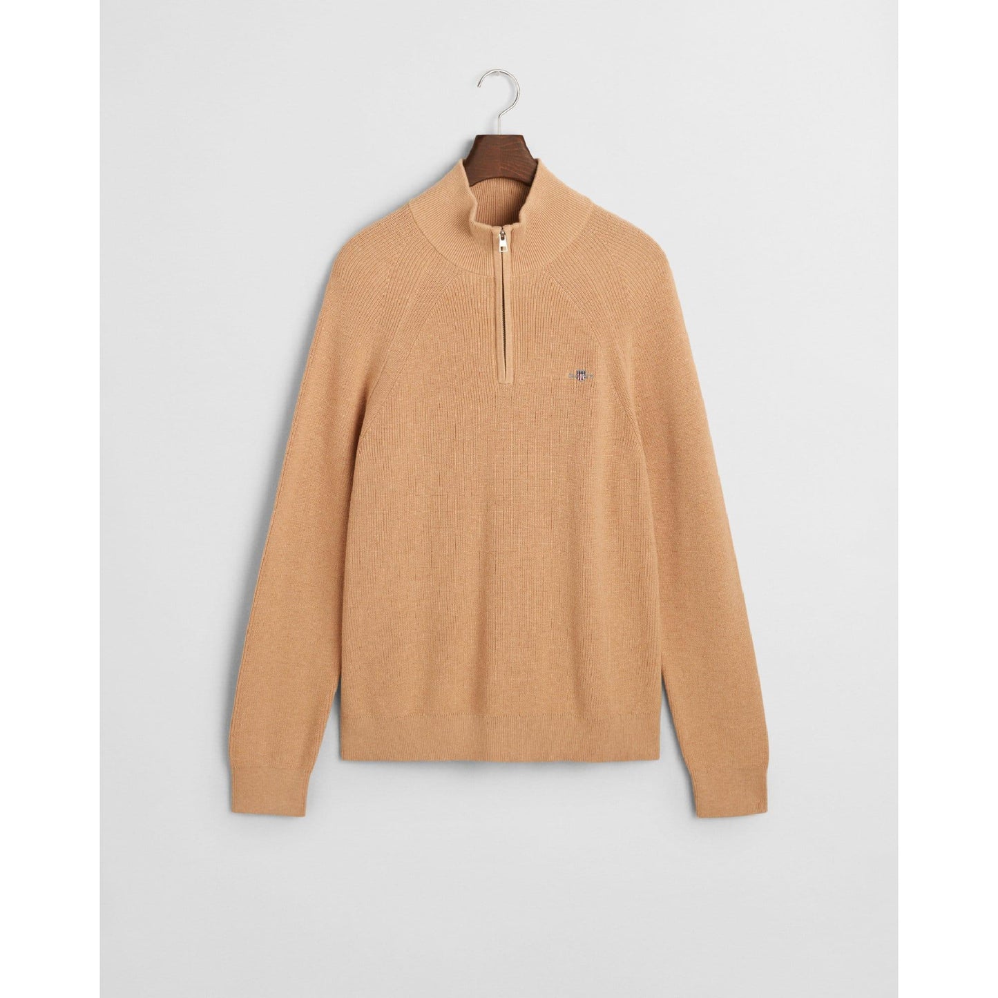 Khaki - Side - Gant Mens Ribbed Cotton Wool Half Zip Jumper