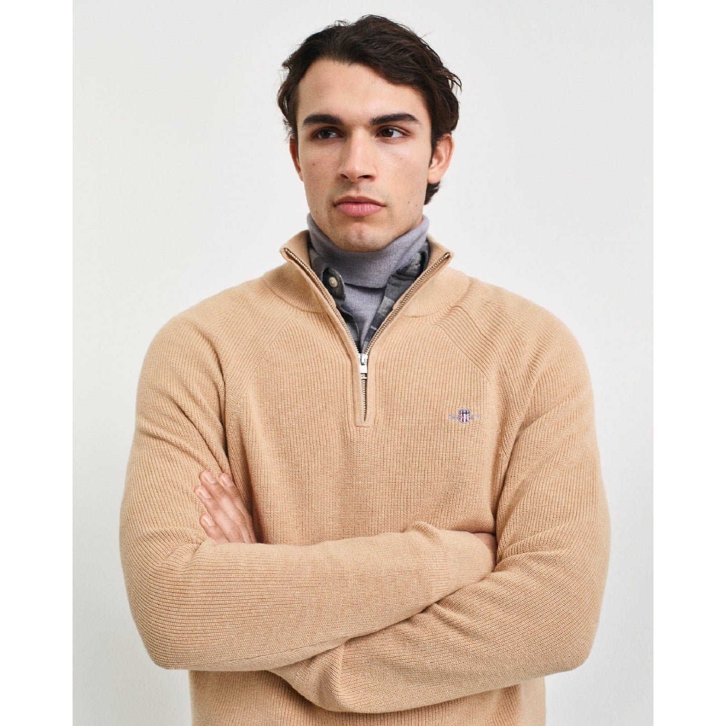 Khaki - Lifestyle - Gant Mens Ribbed Cotton Wool Half Zip Jumper