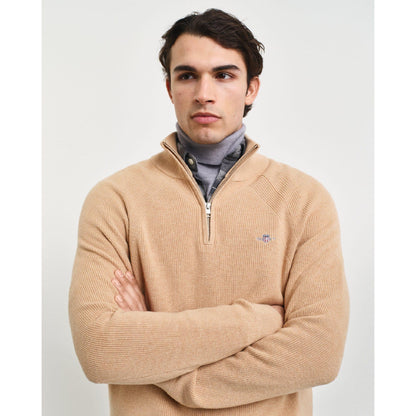 Khaki - Lifestyle - Gant Mens Ribbed Cotton Wool Half Zip Jumper