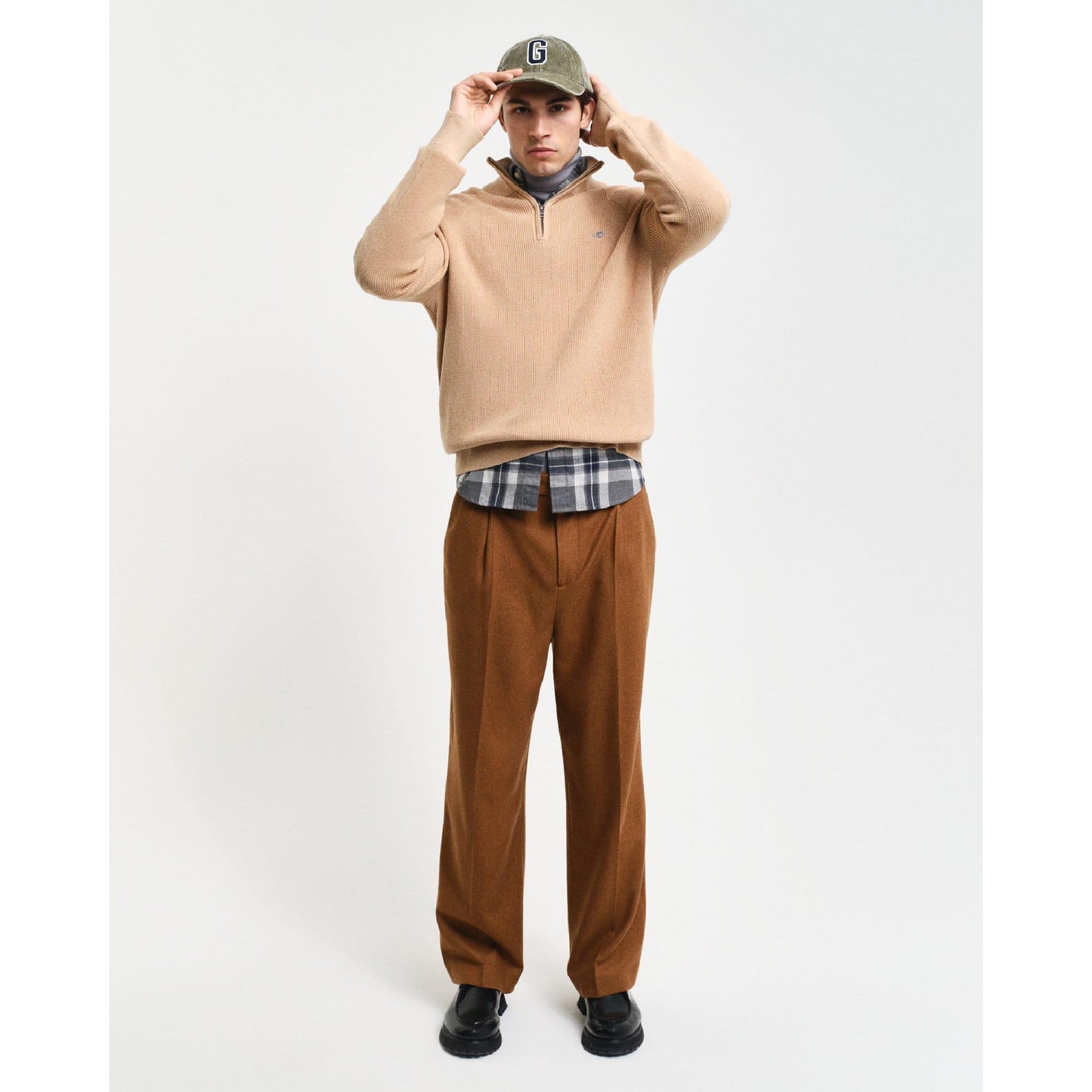 Khaki - Pack Shot - Gant Mens Ribbed Cotton Wool Half Zip Jumper