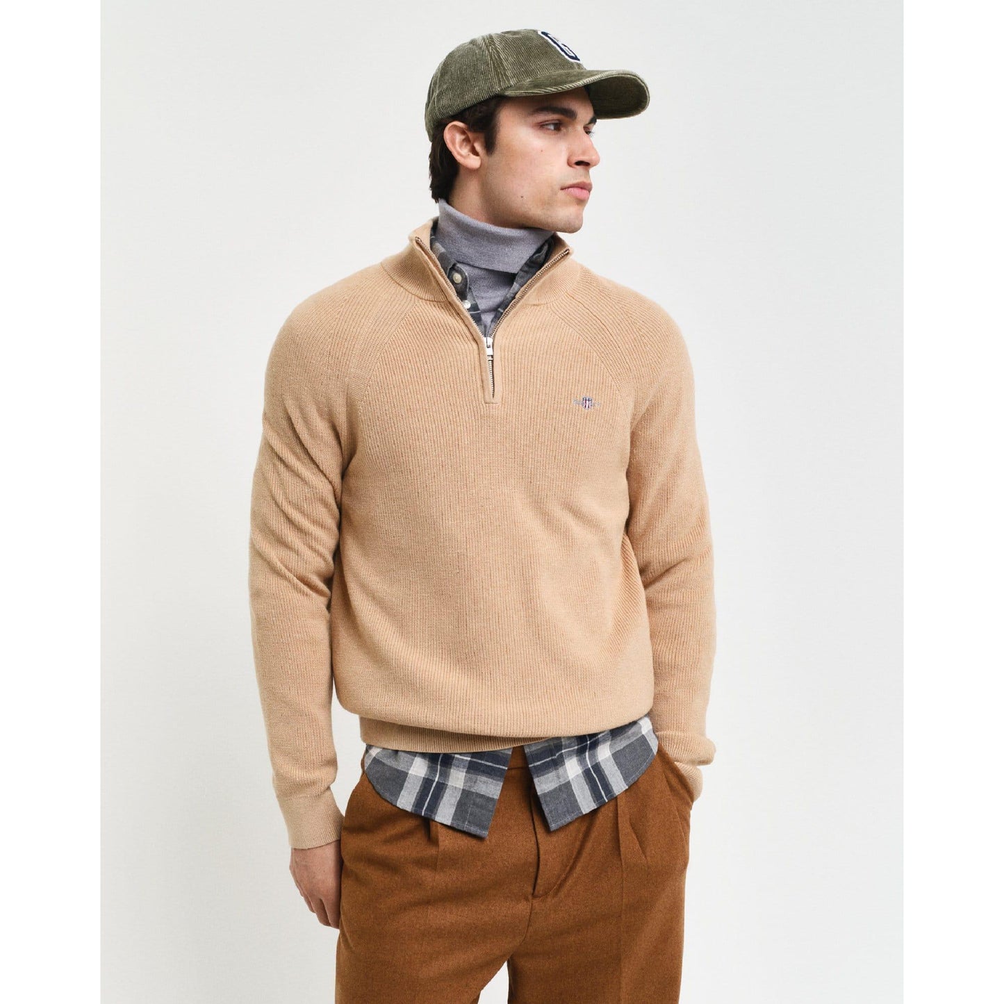 Khaki - Front - Gant Mens Ribbed Cotton Wool Half Zip Jumper