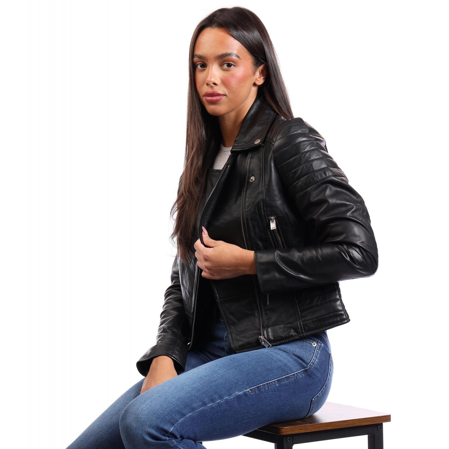 Black - Lifestyle - Bolongaro Trevor Womens-Ladies Jasmine Leather Biker Jacket