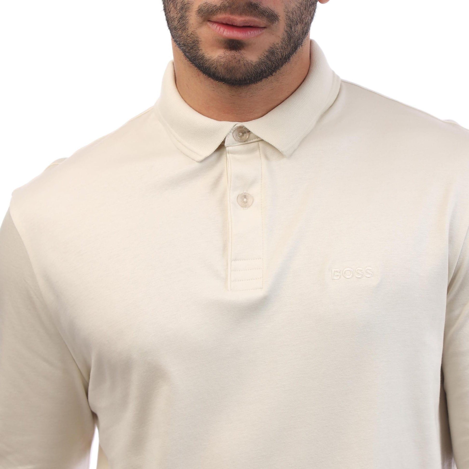 White - Side - Boss Mens Pirol Long-Sleeved Polo Shirt