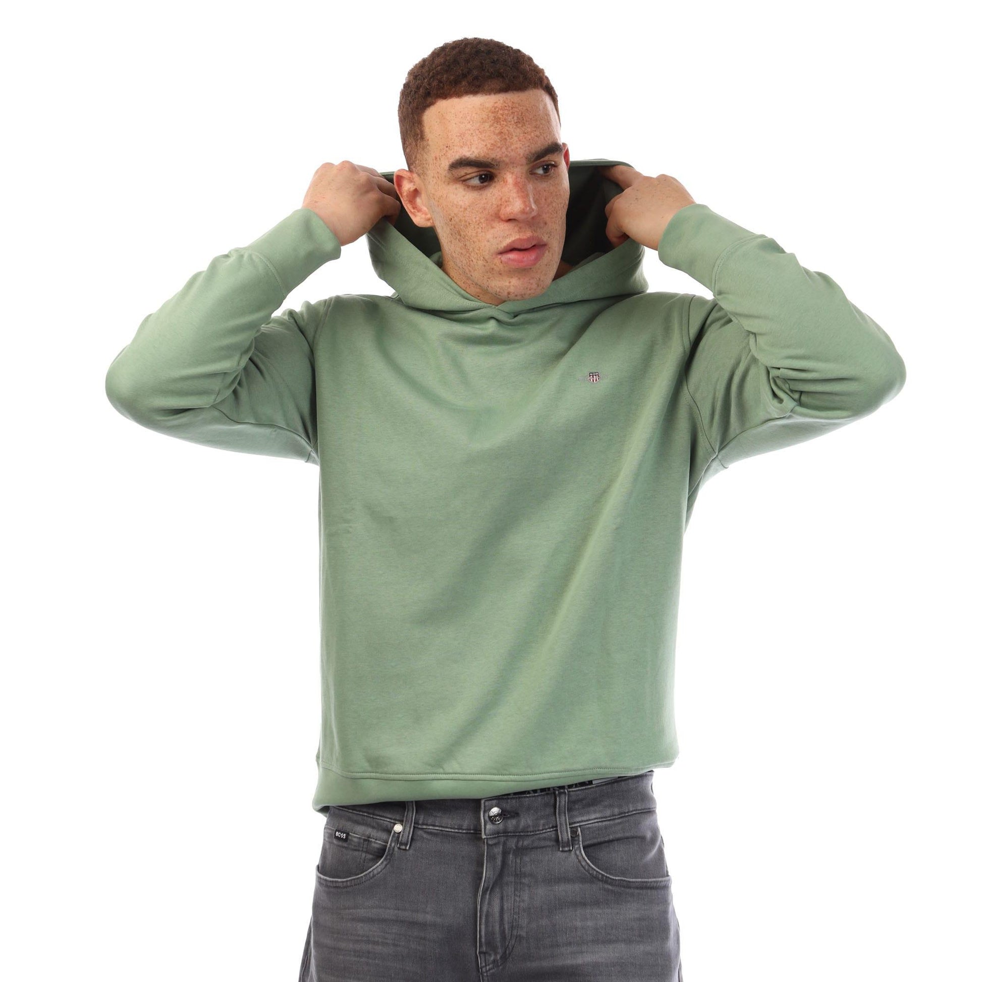Green - Front - Gant Mens Shield Logo Long-Sleeved Hoodie