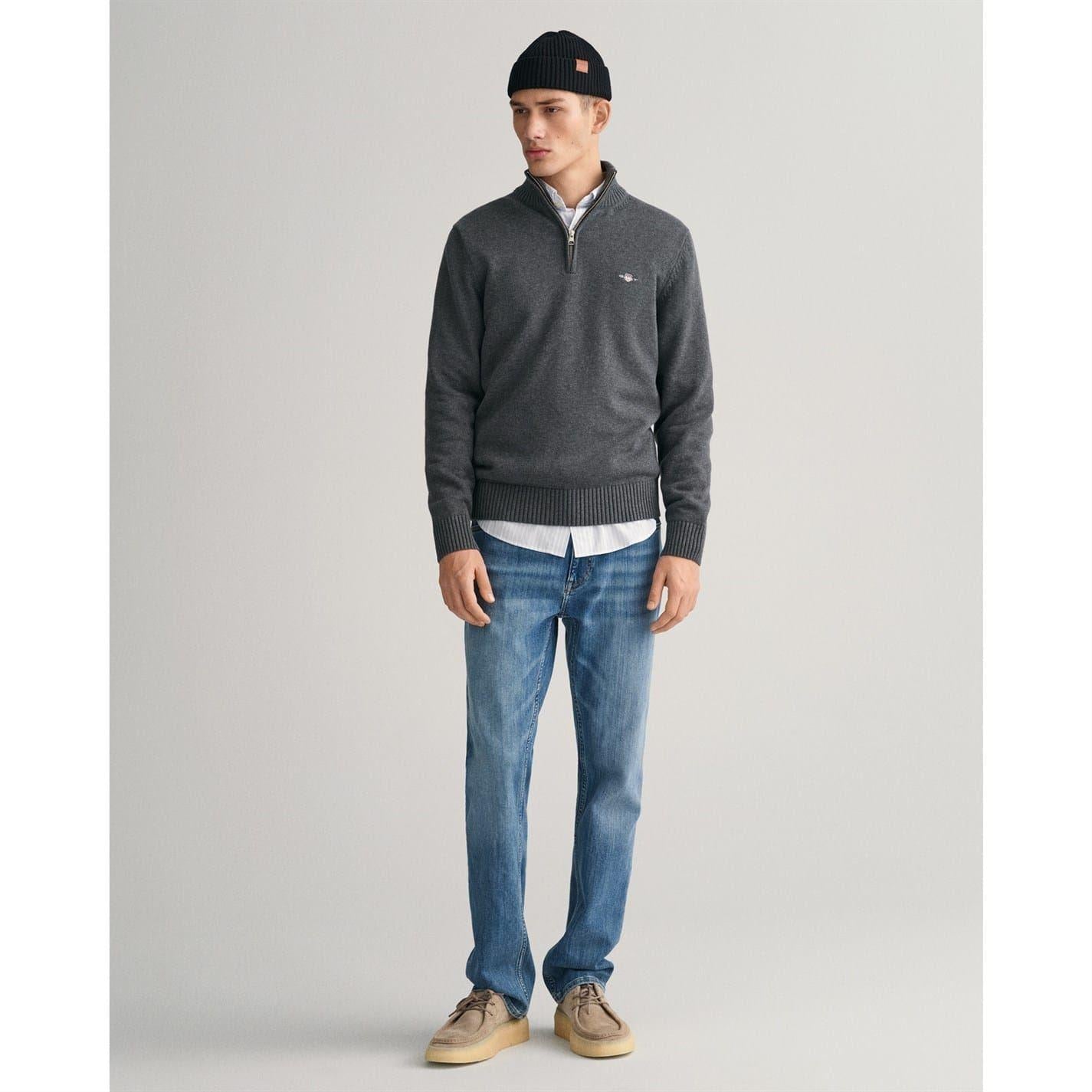 Charcoal - Pack Shot - Gant Mens Micro Textured Half Zip Sweatshirt