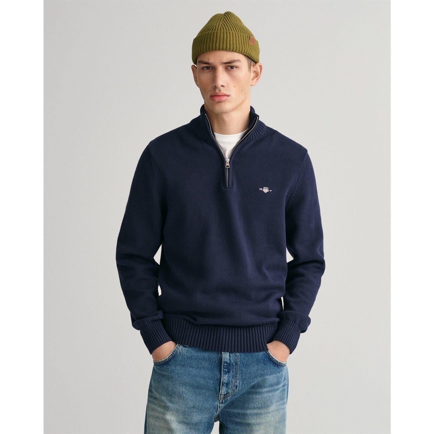 Navy - Back - Gant Mens Micro Textured Half Zip Sweatshirt