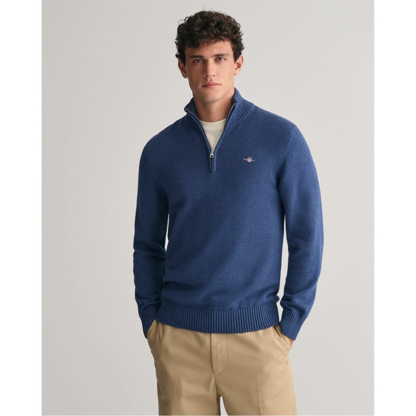 Marine - Front - Gant Mens Micro Textured Half Zip Sweatshirt
