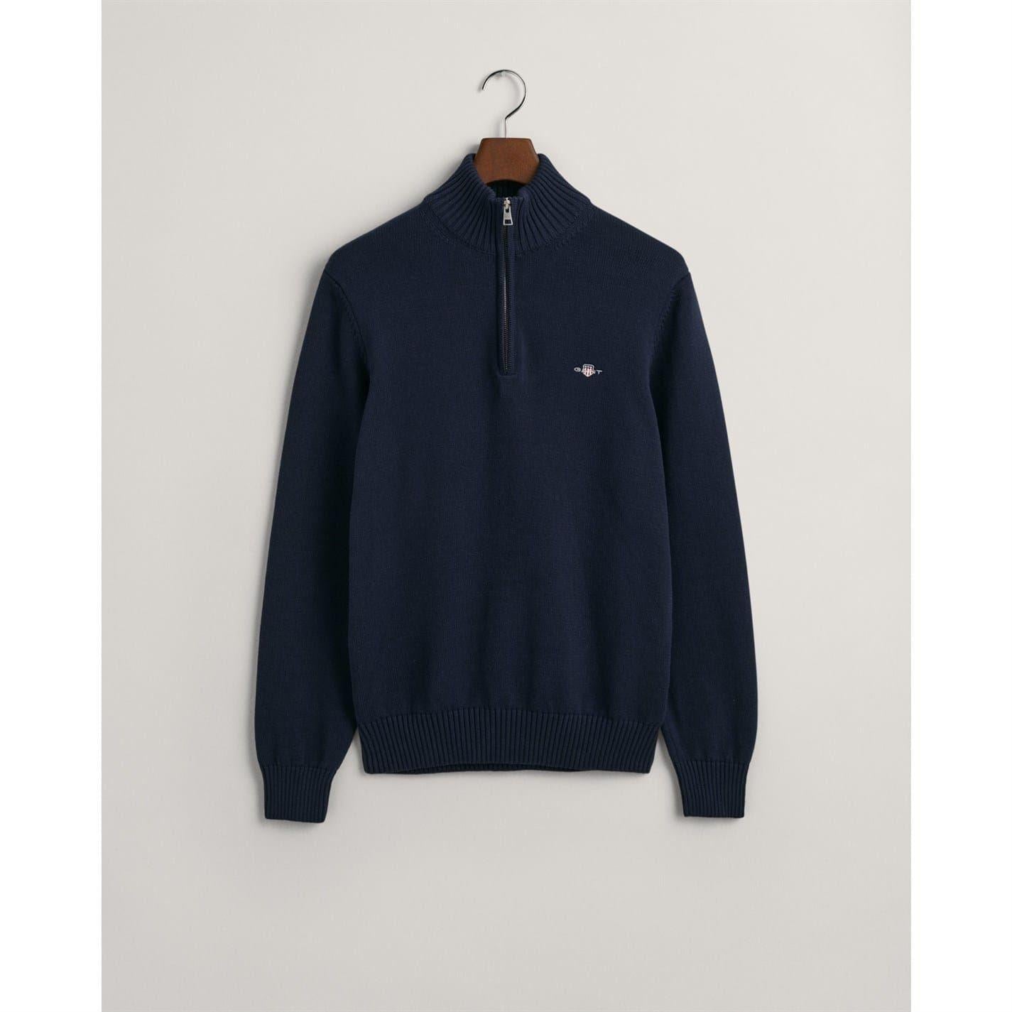 Navy - Front - Gant Mens Micro Textured Half Zip Sweatshirt