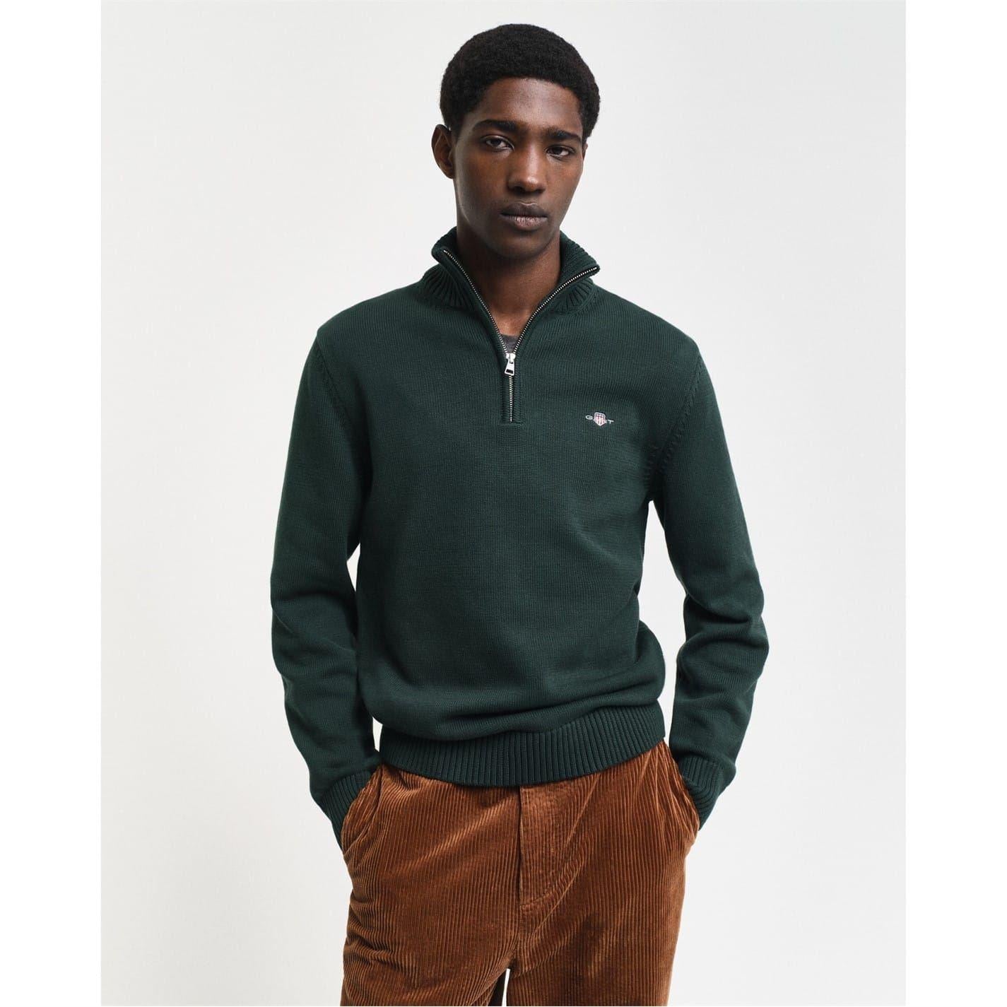 Tartan Green - Front - Gant Mens Micro Textured Half Zip Sweatshirt