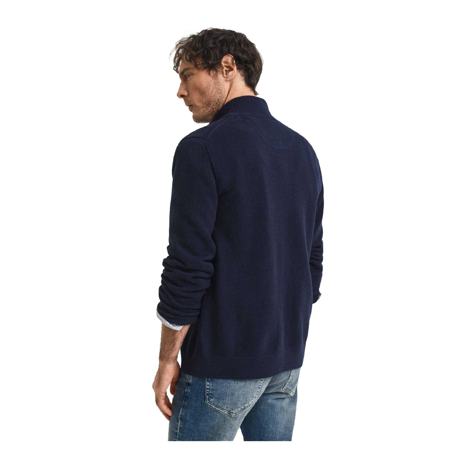 Blue - Back - Gant Mens Cotton Pique Zip-Off Cardigan