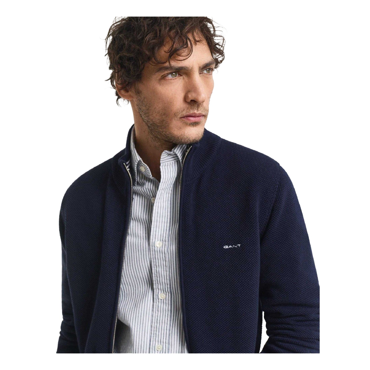 Blue - Side - Gant Mens Cotton Pique Zip-Off Cardigan