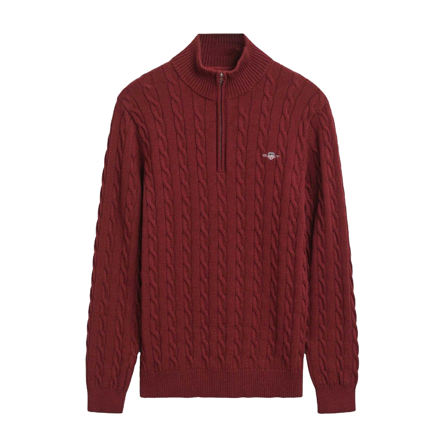 Maroon - Front - Gant Mens Cable Knit Half Zip Sweatshirt