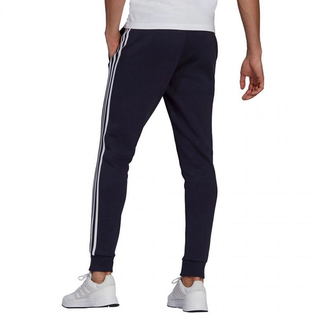 Navy-White - Back - Adidas Mens Essentials Fleece 3 Stripes Tapered Leg Jogging Bottoms