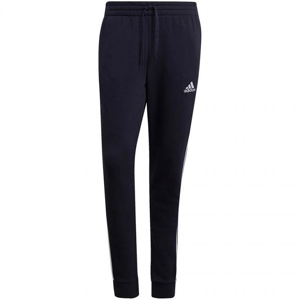 Navy-White - Front - Adidas Mens Essentials Fleece 3 Stripes Tapered Leg Jogging Bottoms
