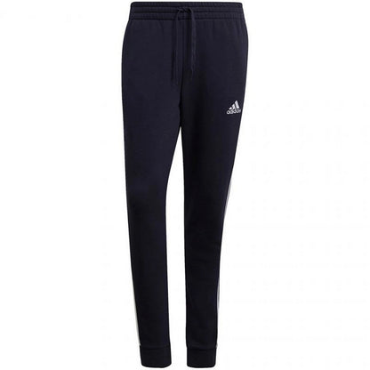 Navy-White - Front - Adidas Mens Essentials Fleece 3 Stripes Tapered Leg Jogging Bottoms