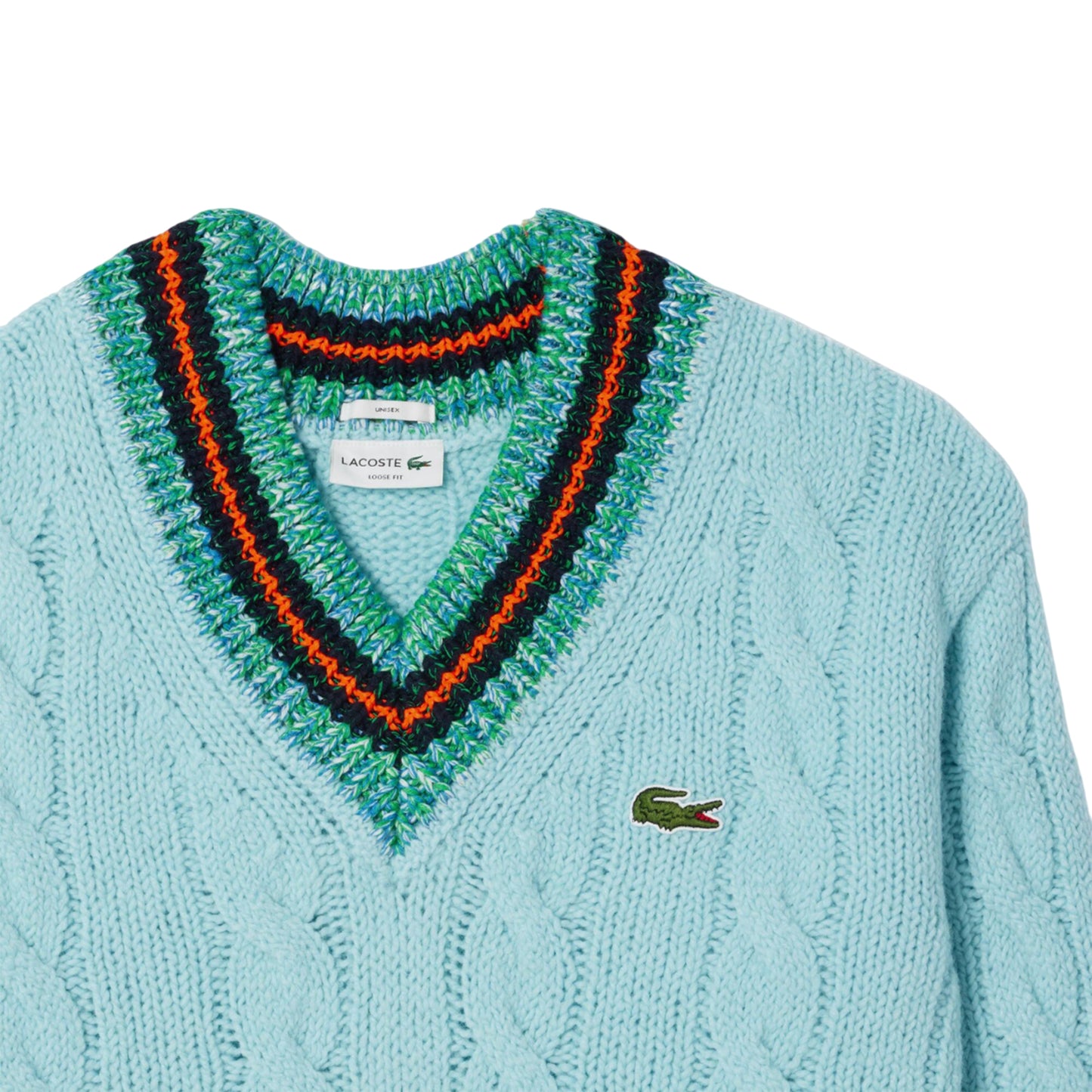 Turquoise - Side - Lacoste Mens Cable Knit V Neck Sweatshirt