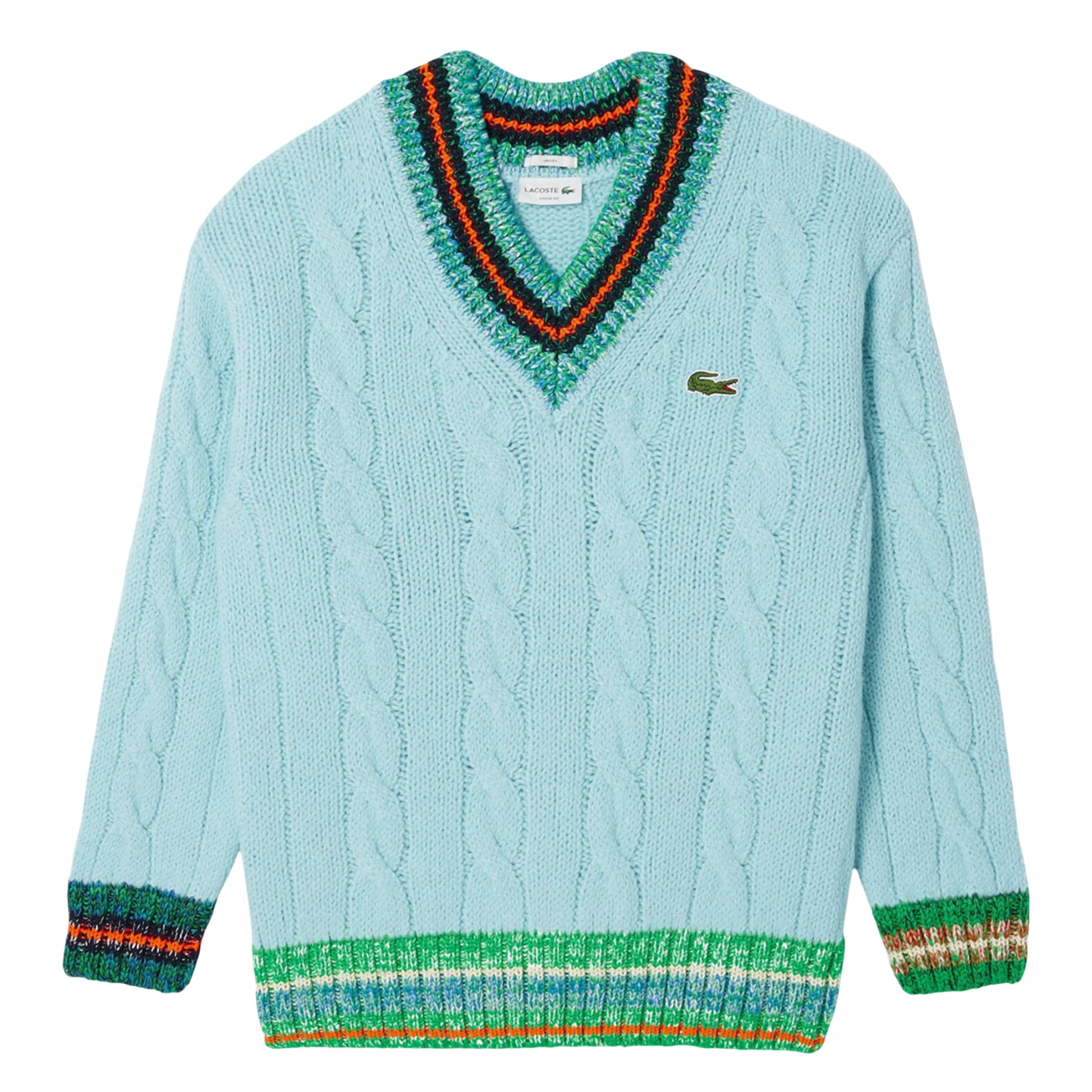 Turquoise - Front - Lacoste Mens Cable Knit V Neck Sweatshirt